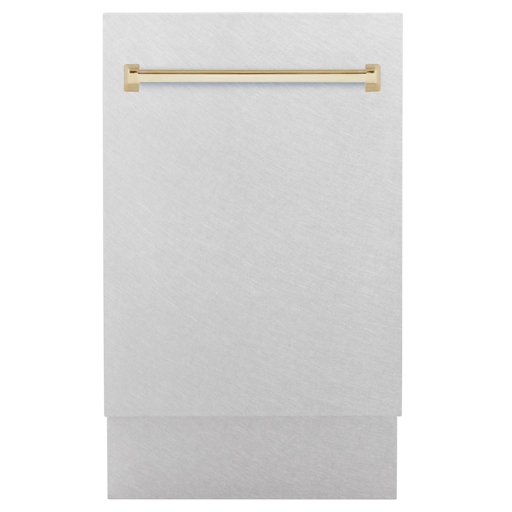 ZLINE Autograph Edition 18 in. Tallac Series 3rd Rack Top Control Built-In Dishwasher with Satin Stainless Steel Panel and Polished Gold Handle, 51dBa (DWVZ-SN-18-G)