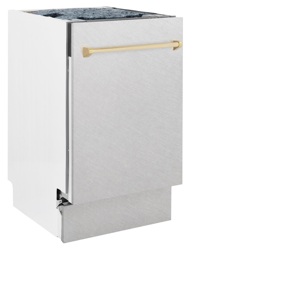 ZLINE Autograph Edition 18 in. Tallac Series 3rd Rack Top Control Built-In Dishwasher with Satin Stainless Steel Panel and Polished Gold Handle, 51dBa (DWVZ-SN-18-G)