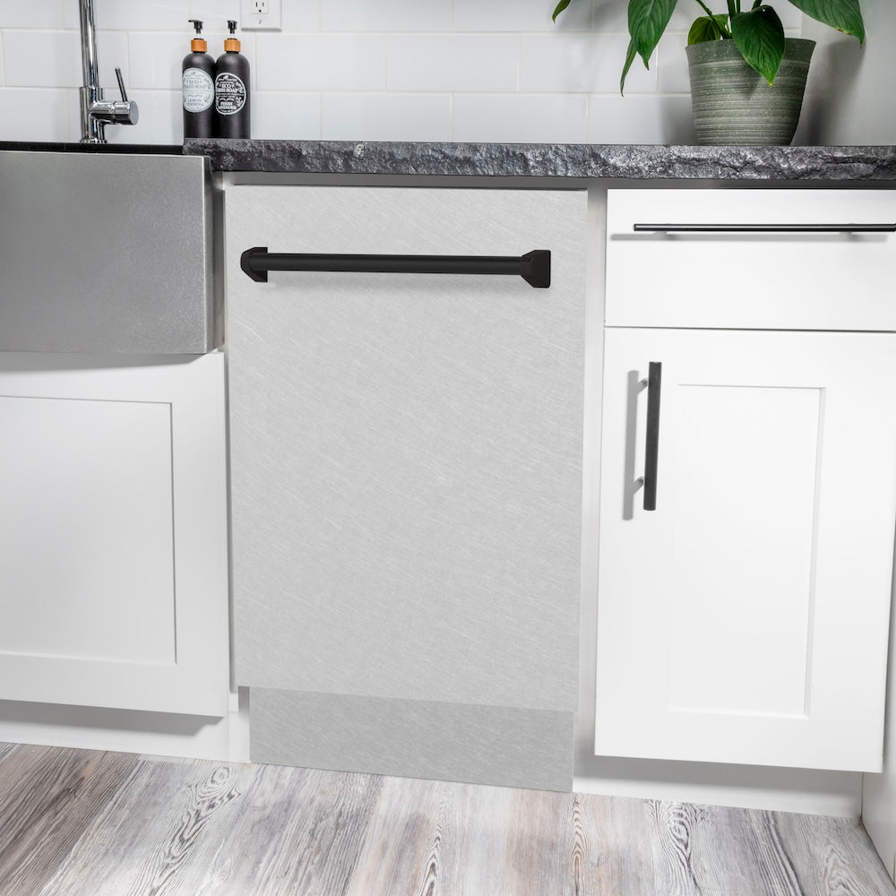 ZLINE Autograph Edition 18 in. Tallac Series 3rd Rack Top Control Built-In Dishwasher with Satin Stainless Steel Panel and Matte Black Handle, 51dBa (DWVZ-SN-18-MB)