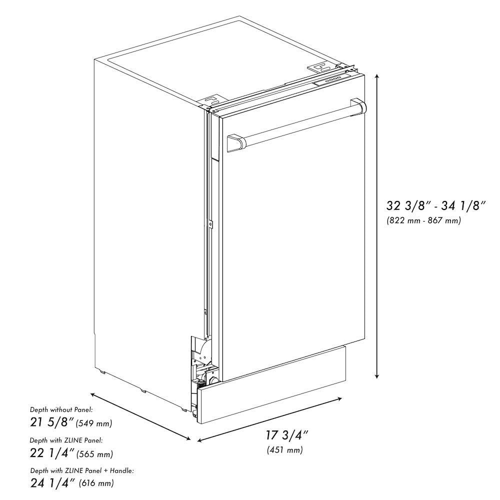 ZLINE Autograph Edition 18 in. Tallac Series 3rd Rack Top Control Built-In Dishwasher with Satin Stainless Steel Panel and Matte Black Handle, 51dBa (DWVZ-SN-18-MB) dimensional diagram.