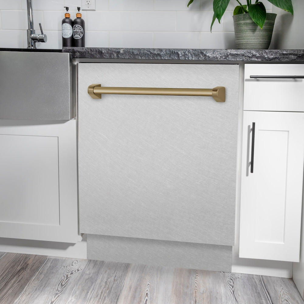 ZLINE Autograph Edition 24 in. Tallac Series 3rd Rack Top Control Built-In Tall Tub Dishwasher with Satin Stainless Steel Panel and Champagne Bronze Handle, 51dBa (DWVZ-SN-24-CB)