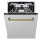ZLINE Autograph Edition 24 in. Tallac Series 3rd Rack Top Control Built-In Tall Tub Dishwasher with Satin Stainless Steel Panel and Champagne Bronze Handle, 51dBa (DWVZ-SN-24-CB)