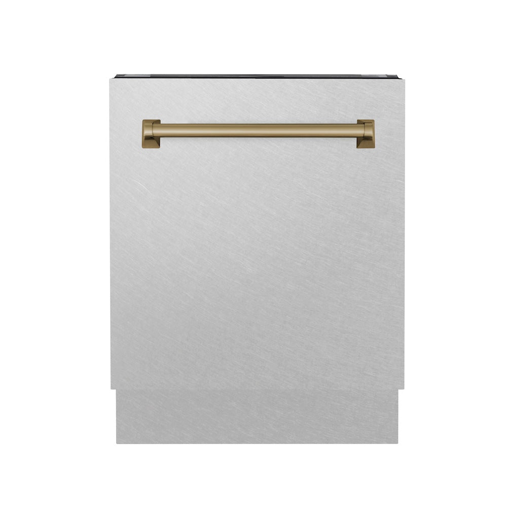 ZLINE Autograph Edition 24 in. Tallac Series 3rd Rack Top Control Built-In Tall Tub Dishwasher with Satin Stainless Steel Panel and Champagne Bronze Handle, 51dBa (DWVZ-SN-24-CB)