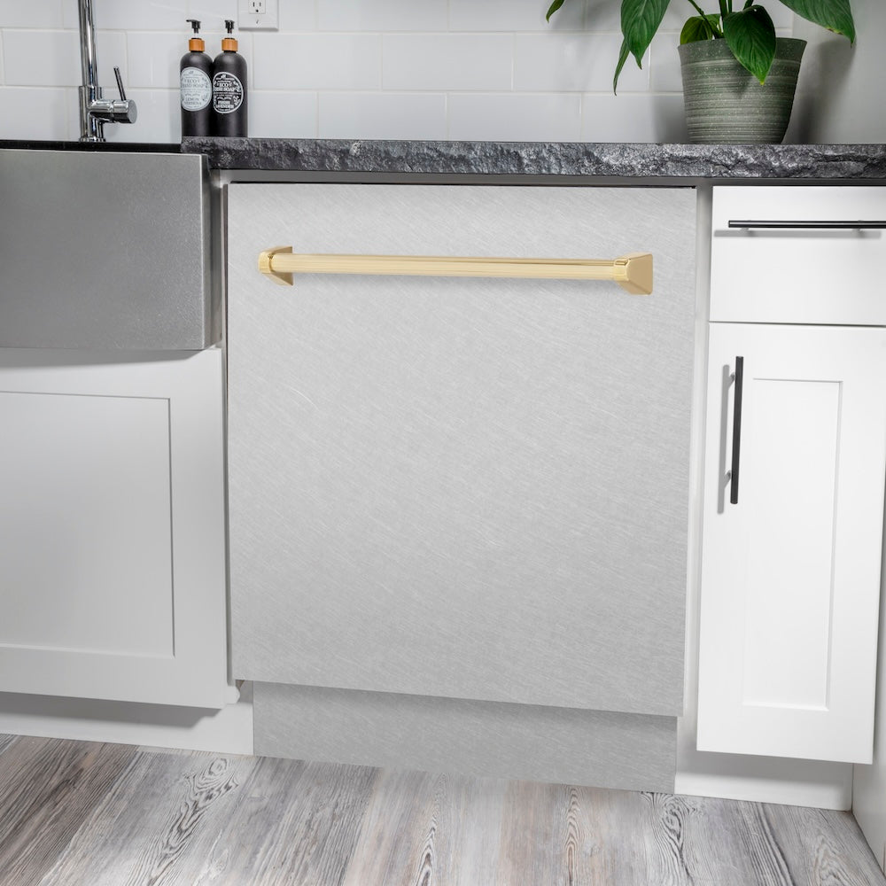 ZLINE Autograph Edition 24 in. Tallac Series 3rd Rack Top Control Built-In Tall Tub Dishwasher with Satin Stainless Steel Panel and Polished Gold Handle, 51dBa (DWVZ-SN-24-G)