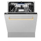 ZLINE Autograph Edition 24 in. Tallac Series 3rd Rack Top Control Built-In Tall Tub Dishwasher with Satin Stainless Steel Panel and Polished Gold Handle, 51dBa (DWVZ-SN-24-G)