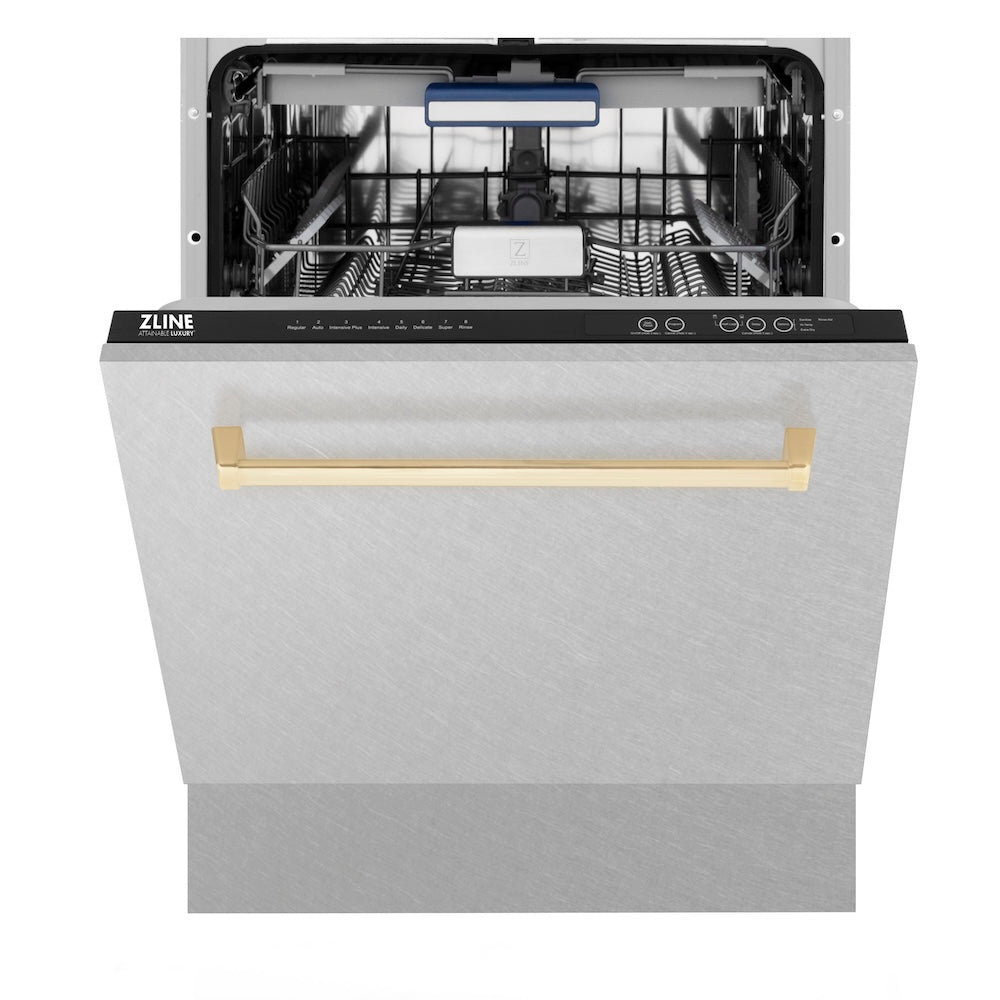 ZLINE Autograph Edition 24 in. Tallac Series 3rd Rack Top Control Built-In Tall Tub Dishwasher with Satin Stainless Steel Panel and Polished Gold Handle, 51dBa (DWVZ-SN-24-G)