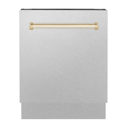 ZLINE Autograph Edition 24 in. Tallac Series 3rd Rack Top Control Built-In Tall Tub Dishwasher with Satin Stainless Steel Panel and Polished Gold Handle, 51dBa (DWVZ-SN-24-G)