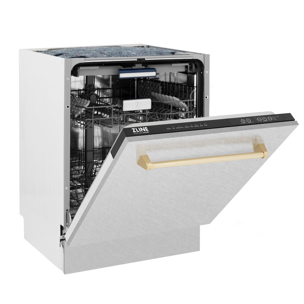 ZLINE Autograph Edition 24 in. Tallac Series 3rd Rack Top Control Built-In Tall Tub Dishwasher with Satin Stainless Steel Panel and Polished Gold Handle, 51dBa (DWVZ-SN-24-G)