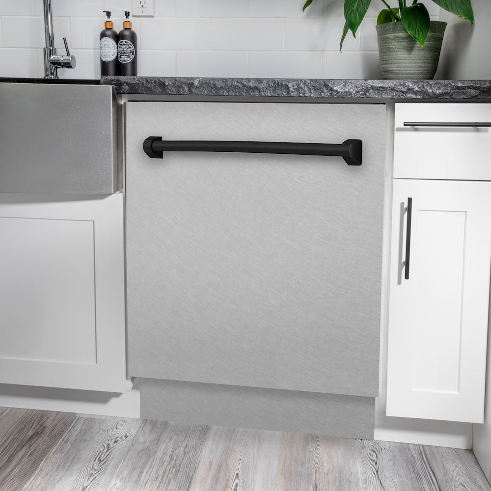 ZLINE Autograph Edition 24 in. Tallac Series 3rd Rack Top Control Built-In Tall Tub Dishwasher with Satin Stainless Steel Panel and Matte Black Handle, 51dBa (DWVZ-SN-24-MB)
