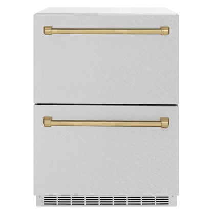 ZLINE Autograph Edition 24 in. Touchstone 168 Can Outdoor-Rated Dual Refrigerator Drawer with Satin Stainless Steel Doors and Champagne Bronze Handles (RDSOZ-SN-24-CB) main image.