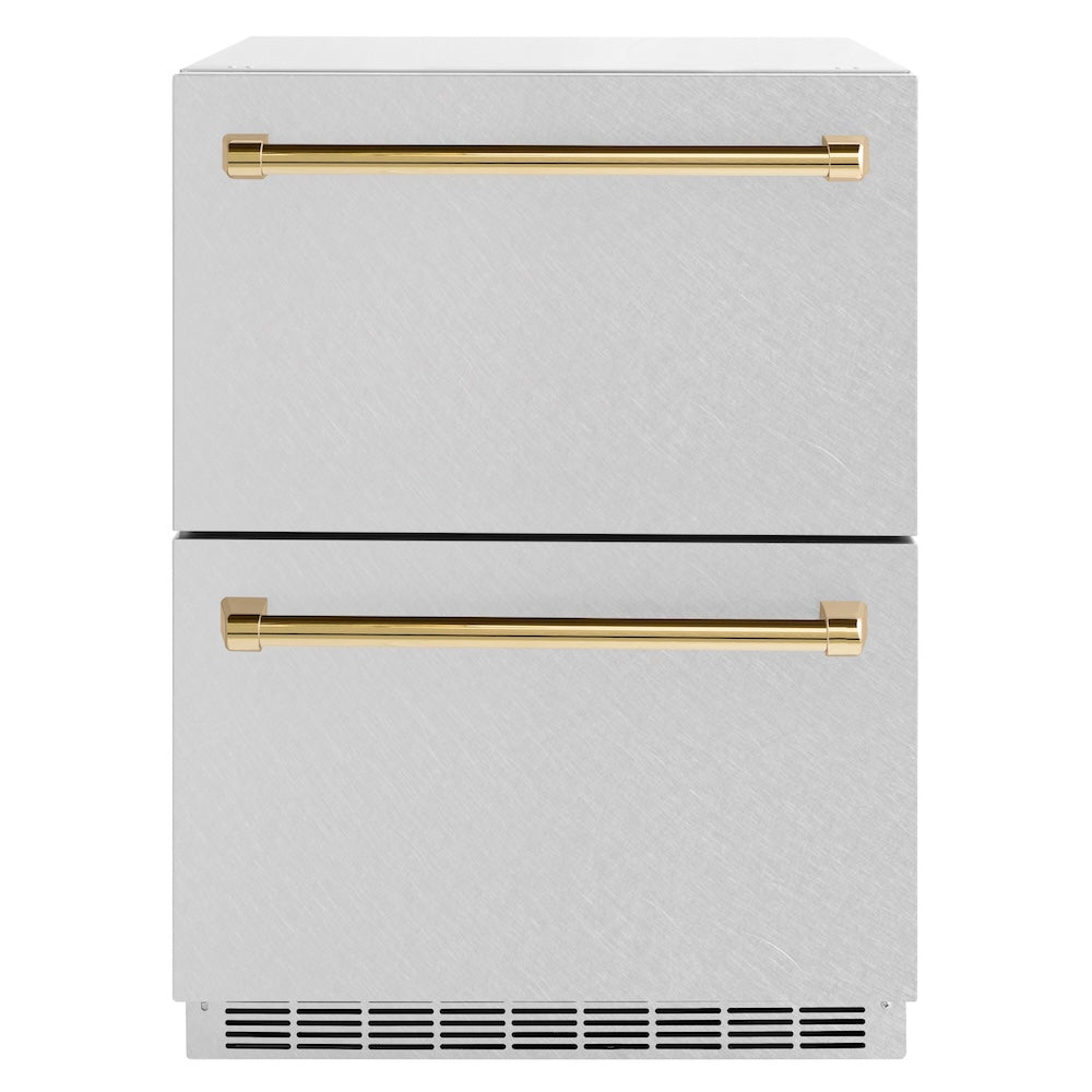 ZLINE Autograph Edition 24 in. Touchstone 168 Can Outdoor-Rated Dual Refrigerator Drawer with Satin Stainless Steel Doors and Polished Gold Handles (RDSOZ-SN-24-G) main image.