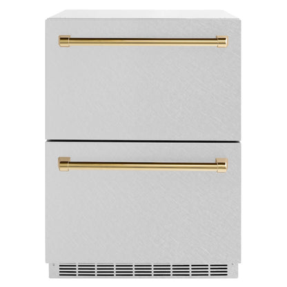 ZLINE Autograph Edition 24 in. Touchstone 168 Can Outdoor-Rated Dual Refrigerator Drawer with Satin Stainless Steel Doors and Polished Gold Handles (RDSOZ-SN-24-G) main image.