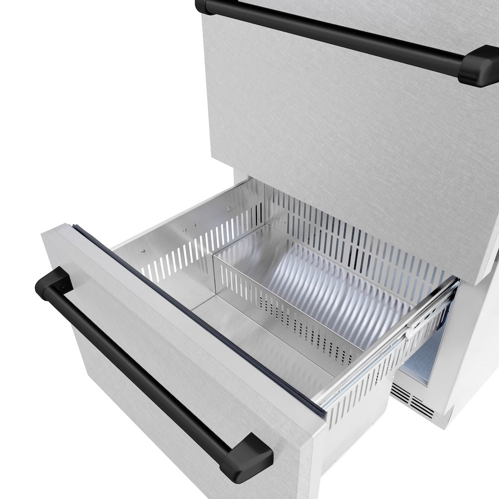 ZLINE Autograph Edition 24 in. Touchstone 168 Can Outdoor-Rated Dual Refrigerator Drawer with Satin Stainless Steel Doors and Matte Black Handles (RDSOZ-SN-24-MB)