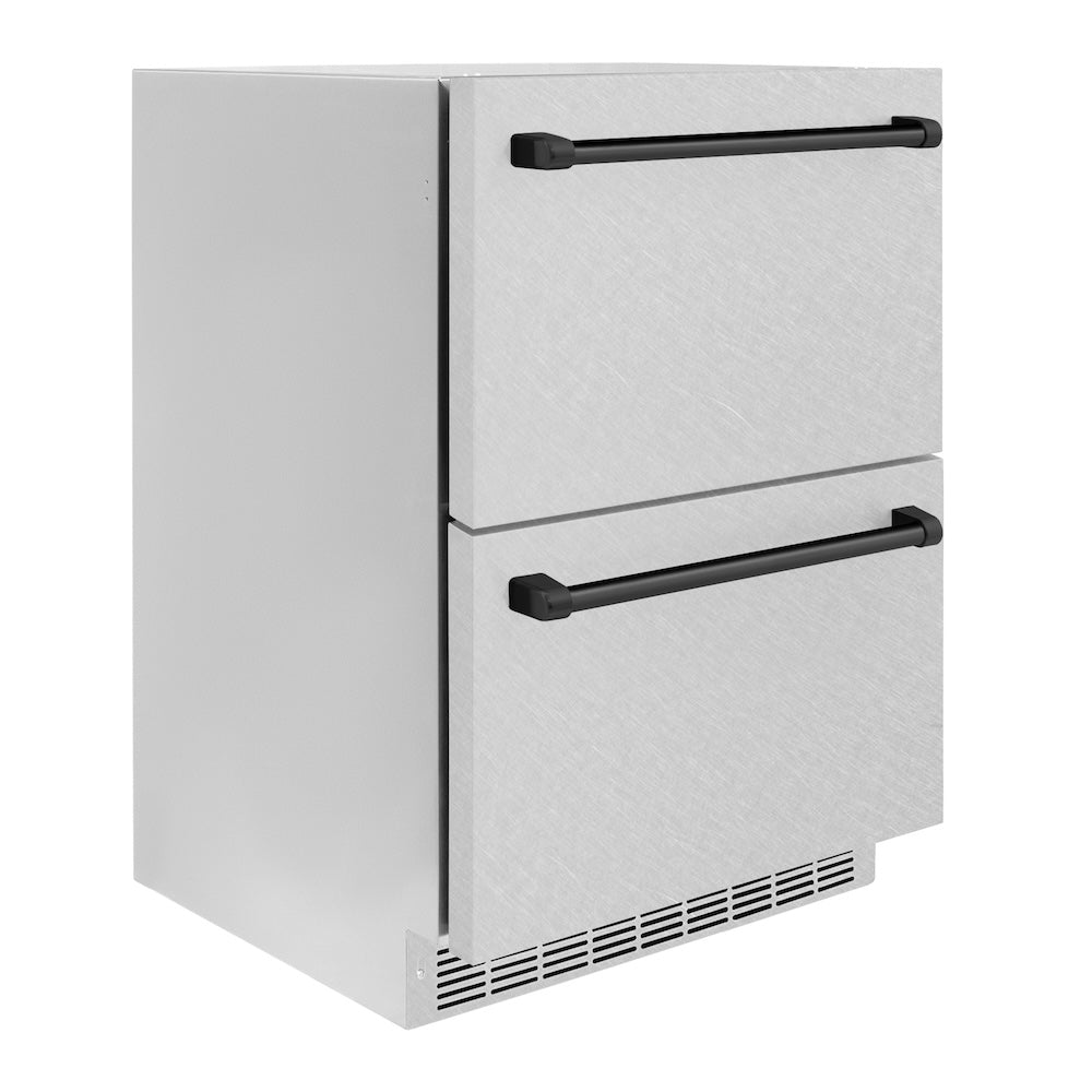 ZLINE Autograph Edition 24 in. Touchstone 168 Can Outdoor-Rated Dual Refrigerator Drawer with Satin Stainless Steel Doors and Matte Black Handles (RDSOZ-SN-24-MB) side.