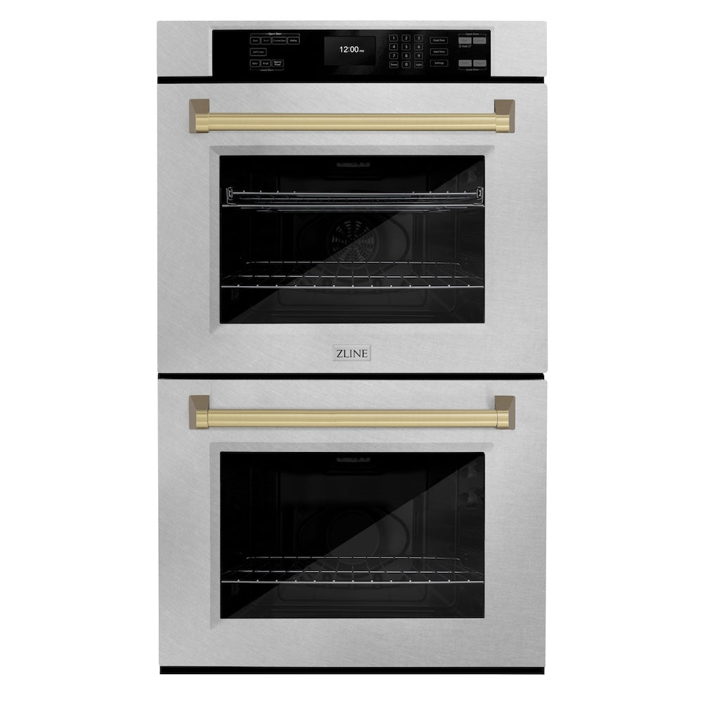 ZLINE Autograph Edition 30 in. Professional True Convection Double Wall Oven with Air Fry and Self Clean in Satin Stainless Steel with Champagne Bronze Handles (WADSZ-30-CB) main image.