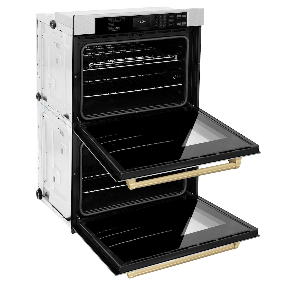 ZLINE Autograph Edition 30 in. Professional True Convection Double Wall Oven with Air Fry and Self Clean in Satin Stainless Steel with Champagne Bronze Handles (WADSZ-30-CB)