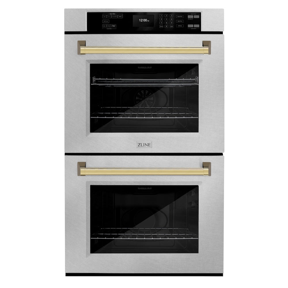 ZLINE Autograph Edition 30 in. Professional True Convection Double Wall Oven with Air Fry and Self Clean in Satin Stainless Steel with Polished Gold Handles (WADSZ-30-G) main image.