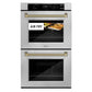 ZLINE Autograph Edition 30 in. Professional True Convection Double Wall Oven with Air Fry and Self Clean in Satin Stainless Steel with Champagne Bronze Helix Handles (WADSZ-30-KCB) front, showing air fry capability.