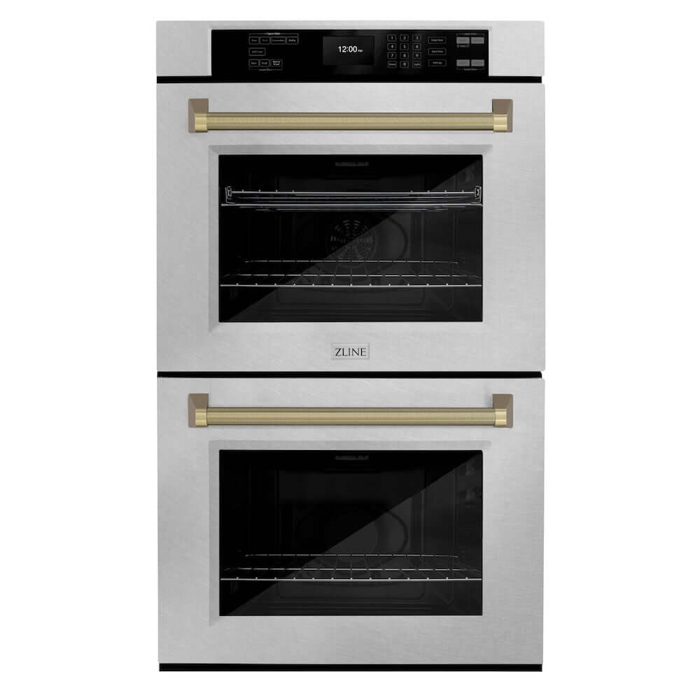 ZLINE Autograph Edition 30 in. Professional True Convection Double Wall Oven with Air Fry and Self Clean in Satin Stainless Steel with Champagne Bronze Helix Handles (WADSZ-30-KCB) main image.