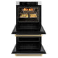 ZLINE Autograph Edition 30 in. Professional True Convection Double Wall Oven with Air Fry and Self Clean in Satin Stainless Steel with Champagne Bronze Helix Handles (WADSZ-30-KCB) with open door showing roasted turkey and vegetables.