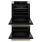 ZLINE Autograph Edition 30 in. Professional True Convection Double Wall Oven with Air Fry and Self Clean in Satin Stainless Steel with Champagne Bronze Helix Handles (WADSZ-30-KCB) front, open.