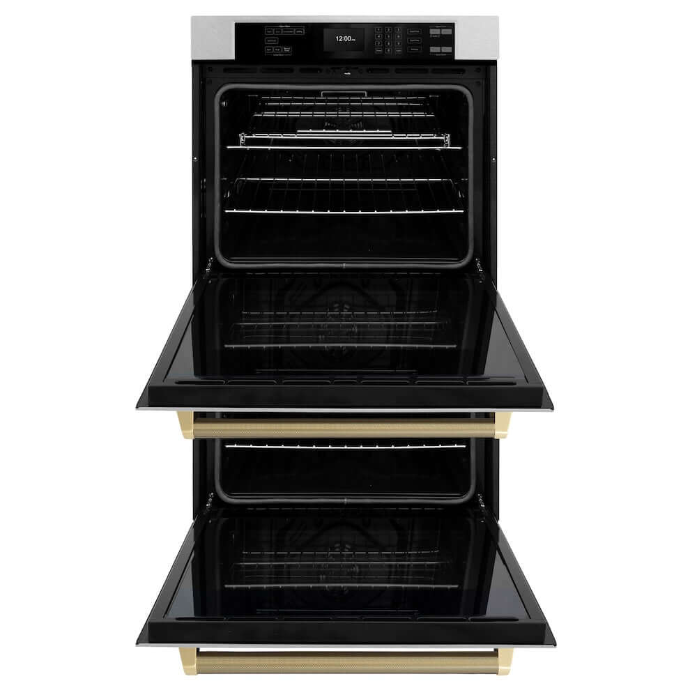 ZLINE Autograph Edition 30 in. Professional True Convection Double Wall Oven with Air Fry and Self Clean in Satin Stainless Steel with Champagne Bronze Helix Handles (WADSZ-30-KCB) front, open.