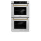ZLINE Autograph Edition 30 in. Professional True Convection Double Wall Oven with Air Fry and Self Clean in Satin Stainless Steel with Champagne Bronze Helix Handles (WADSZ-30-KCB) front.