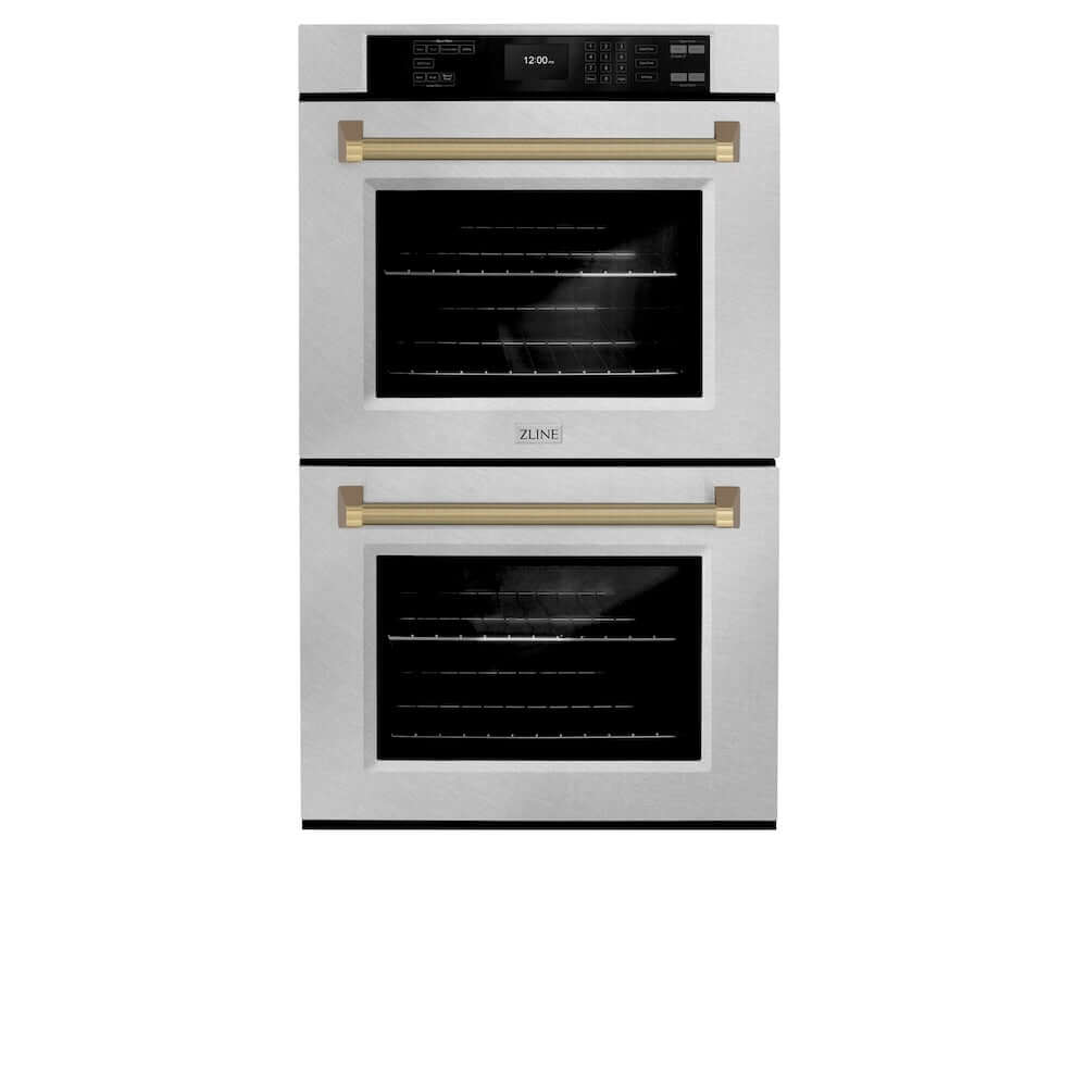 ZLINE Autograph Edition 30 in. Professional True Convection Double Wall Oven with Air Fry and Self Clean in Satin Stainless Steel with Champagne Bronze Helix Handles (WADSZ-30-KCB) front.