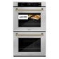 ZLINE Autograph Edition 30 in. Professional True Convection Double Wall Oven with Air Fry and Self Clean in Satin Stainless Steel with Polished Gold Helix Handles (WADSZ-30-KG) front, showing air fry capability.