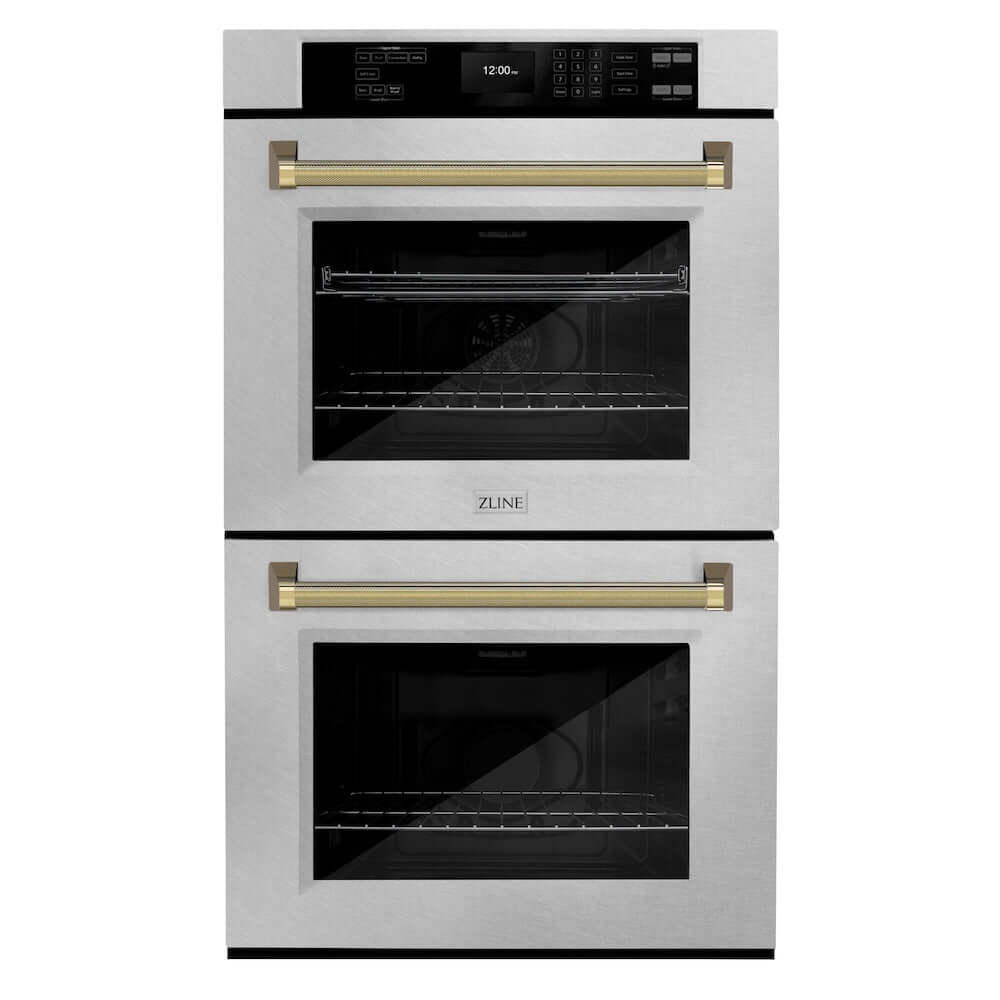 ZLINE Autograph Edition 30 in. Professional True Convection Double Wall Oven with Air Fry and Self Clean in Satin Stainless Steel with Polished Gold Helix Handles (WADSZ-30-KG) main image.