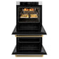 ZLINE Autograph Edition 30 in. Professional True Convection Double Wall Oven with Air Fry and Self Clean in Satin Stainless Steel with Polished Gold Helix Handles (WADSZ-30-KG) with open door showing roasted turkey and vegetables.