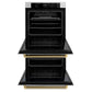 ZLINE Autograph Edition 30 in. Professional True Convection Double Wall Oven with Air Fry and Self Clean in Satin Stainless Steel with Polished Gold Helix Handles (WADSZ-30-KG) front, open.