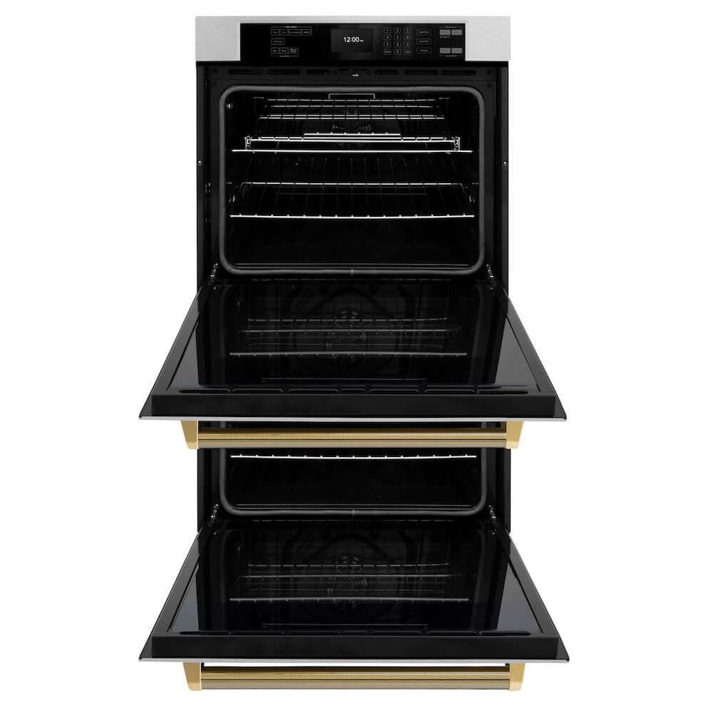 ZLINE Autograph Edition 30 in. Professional True Convection Double Wall Oven with Air Fry and Self Clean in Satin Stainless Steel with Polished Gold Helix Handles (WADSZ-30-KG) front, open.