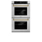 ZLINE Autograph Edition 30 in. Professional True Convection Double Wall Oven with Air Fry and Self Clean in Satin Stainless Steel with Polished Gold Helix Handles (WADSZ-30-KG) front.