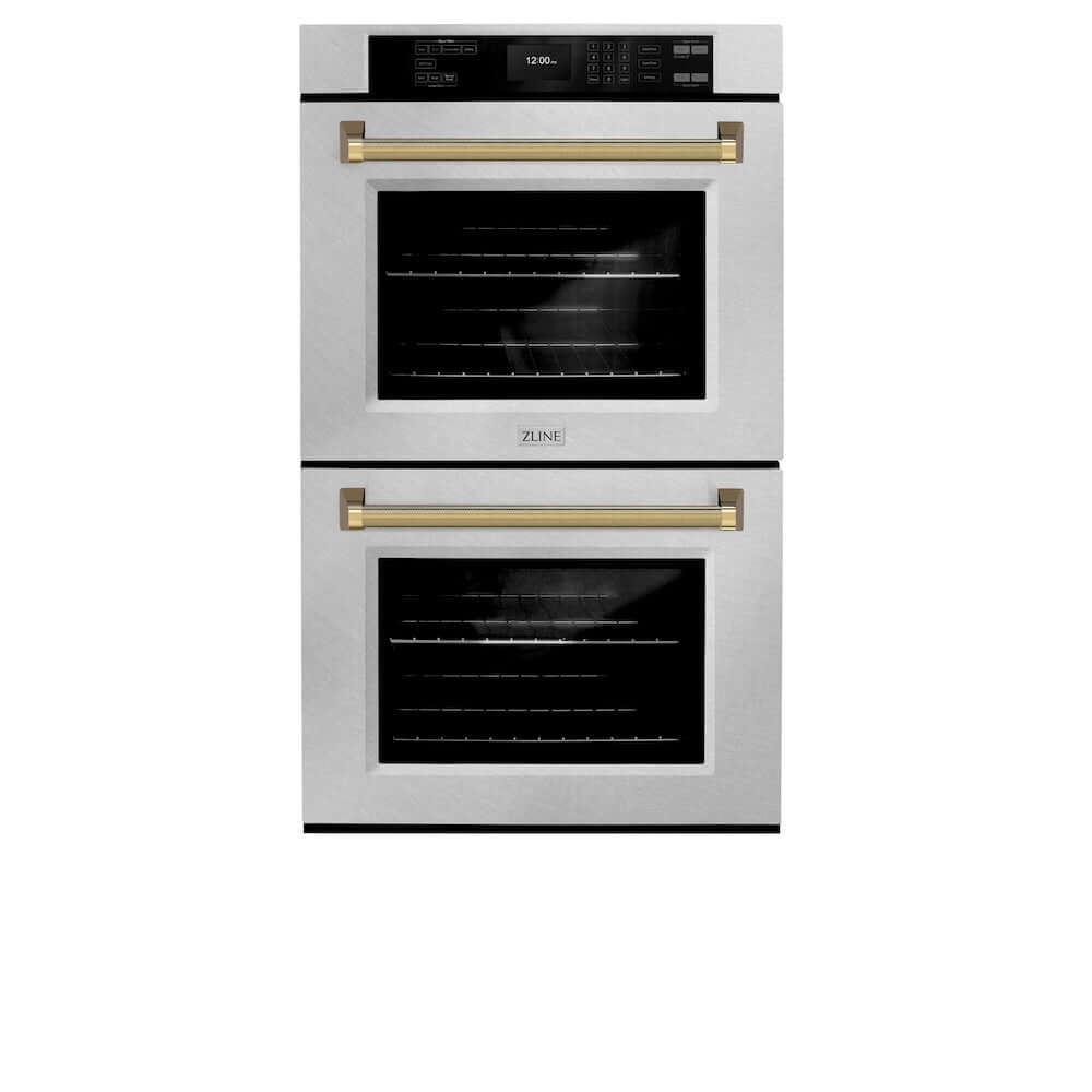 ZLINE Autograph Edition 30 in. Professional True Convection Double Wall Oven with Air Fry and Self Clean in Satin Stainless Steel with Polished Gold Helix Handles (WADSZ-30-KG) front.