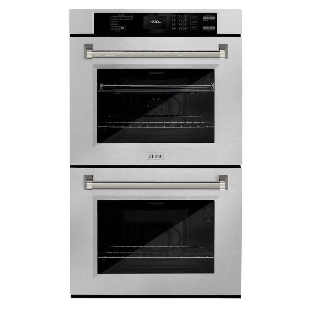 ZLINE Autograph Edition 30 in. Professional True Convection Double Wall Oven with Air Fry and Self Clean in Satin Stainless Steel with Polished Nickel Helix Handles (WADSZ-30-KPN) main image.