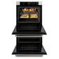 ZLINE Autograph Edition 30 in. Professional True Convection Double Wall Oven with Air Fry and Self Clean in Satin Stainless Steel with Polished Nickel Helix Handles (WADSZ-30-KPN) with open door showing roasted turkey and vegetables.