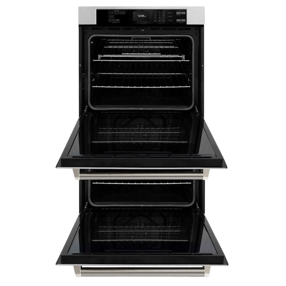 ZLINE Autograph Edition 30 in. Professional True Convection Double Wall Oven with Air Fry and Self Clean in Satin Stainless Steel with Polished Nickel Helix Handles (WADSZ-30-KPN) front, open.