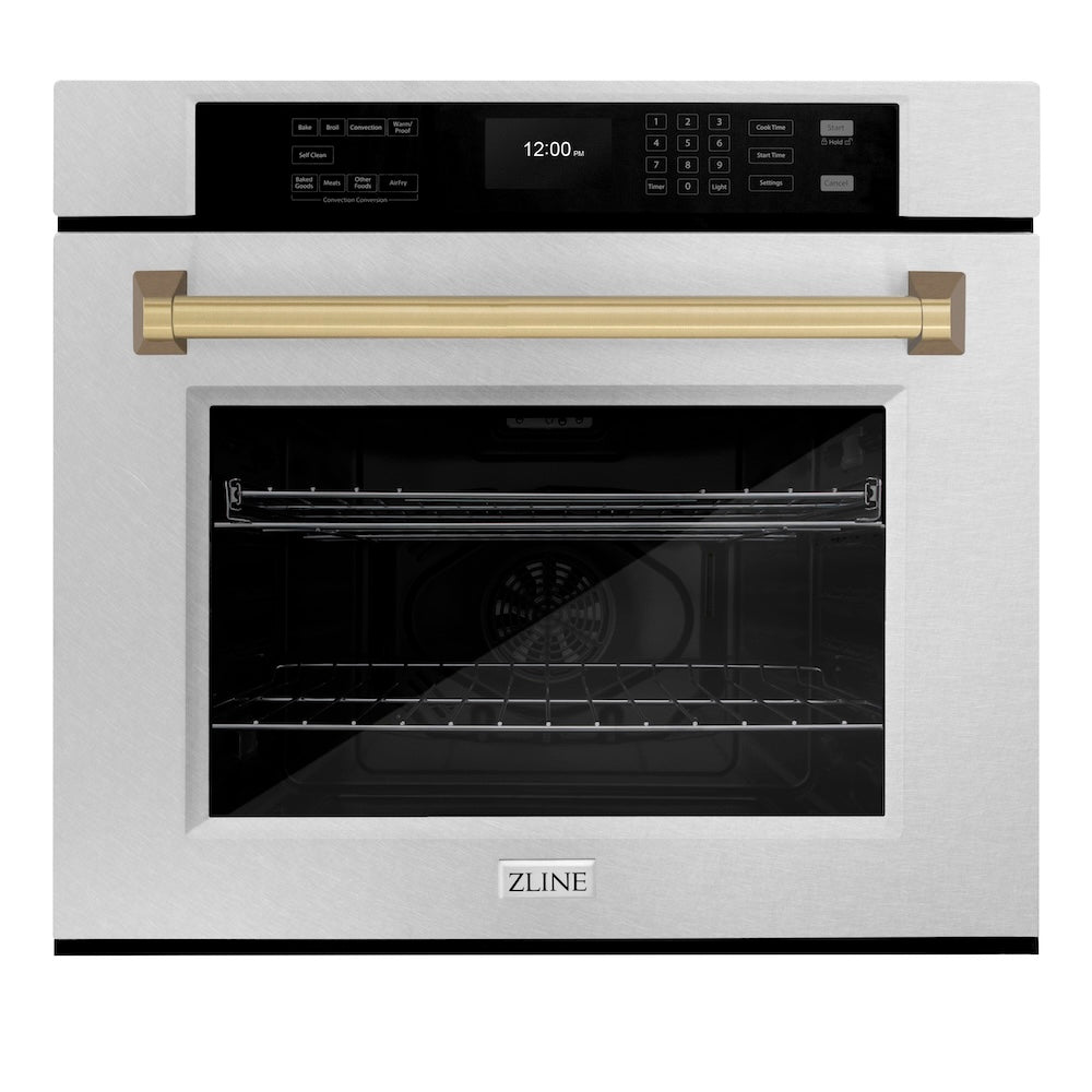 ZLINE Autograph Edition 30 in. Professional True Convection Single Wall Oven with Air Fry and Self Clean in Satin Stainless Steel with Champagne Bronze Handle (WASSZ-30-CB) main image.