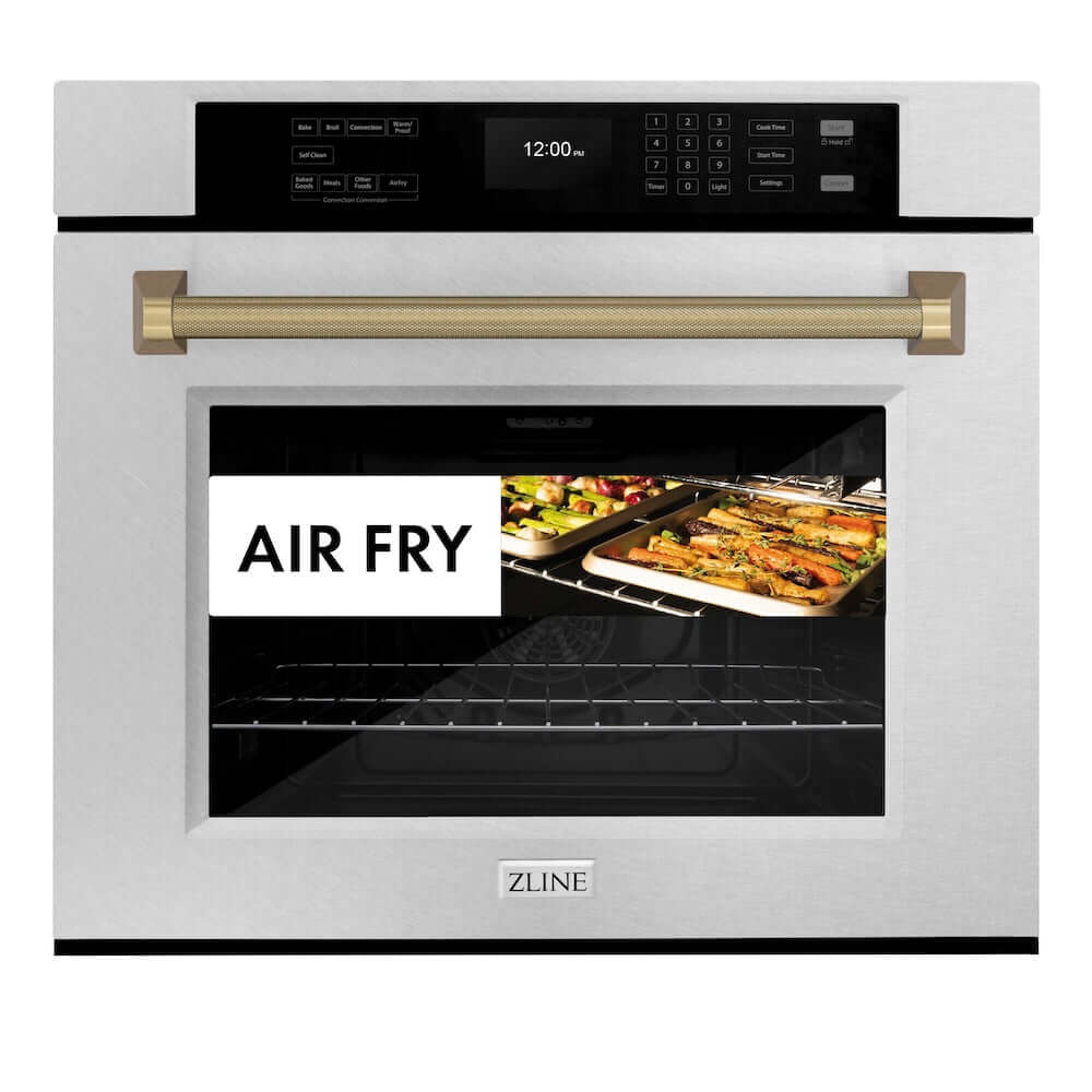 ZLINE Autograph Edition 30 in. Professional True Convection Single Wall Oven with Air Fry and Self Clean in Satin Stainless Steel with Champagne Bronze Helix Handle (WASSZ-30-KCB) front, showing air fry capability.