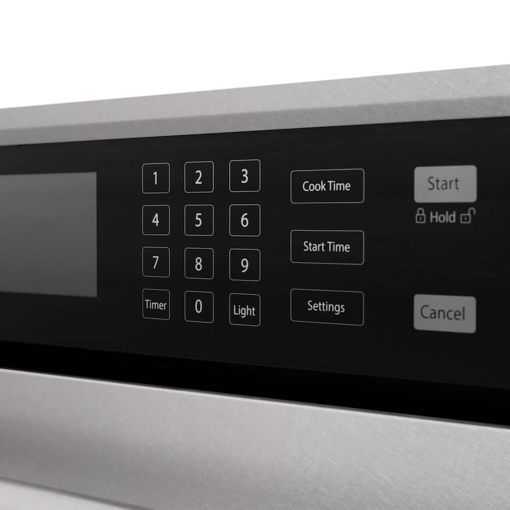 ZLINE Autograph Edition 30 in. Professional True Convection Single Wall Oven with Air Fry and Self Clean in Satin Stainless Steel with Champagne Bronze Helix Handle (WASSZ-30-KCB) control panel with digital keypad and buttons.