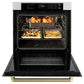 ZLINE Autograph Edition 30 in. Professional True Convection Single Wall Oven with Air Fry and Self Clean in Satin Stainless Steel with Champagne Bronze Helix Handle (WASSZ-30-KCB) with open door showing roasted turkey and vegetables.
