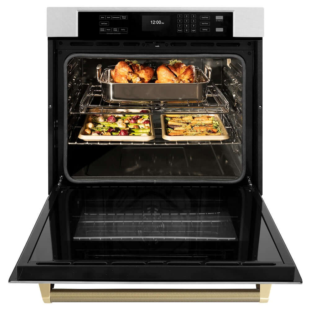 ZLINE Autograph Edition 30 in. Professional True Convection Single Wall Oven with Air Fry and Self Clean in Satin Stainless Steel with Champagne Bronze Helix Handle (WASSZ-30-KCB) with open door showing roasted turkey and vegetables.
