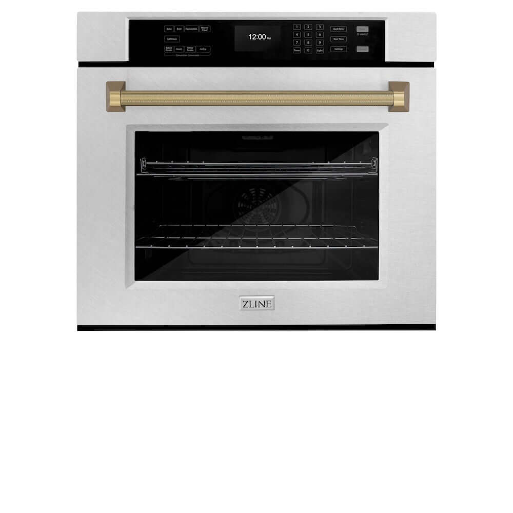 ZLINE Autograph Edition 30 in. Professional True Convection Single Wall Oven with Air Fry and Self Clean in Satin Stainless Steel with Champagne Bronze Helix Handle (WASSZ-30-KCB)
