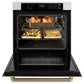 ZLINE Autograph Edition 30 in. Professional True Convection Single Wall Oven with Air Fry and Self Clean in Satin Stainless Steel with Polished Gold Helix Handle (WASSZ-30-KG) with open door showing roasted turkey and vegetables.