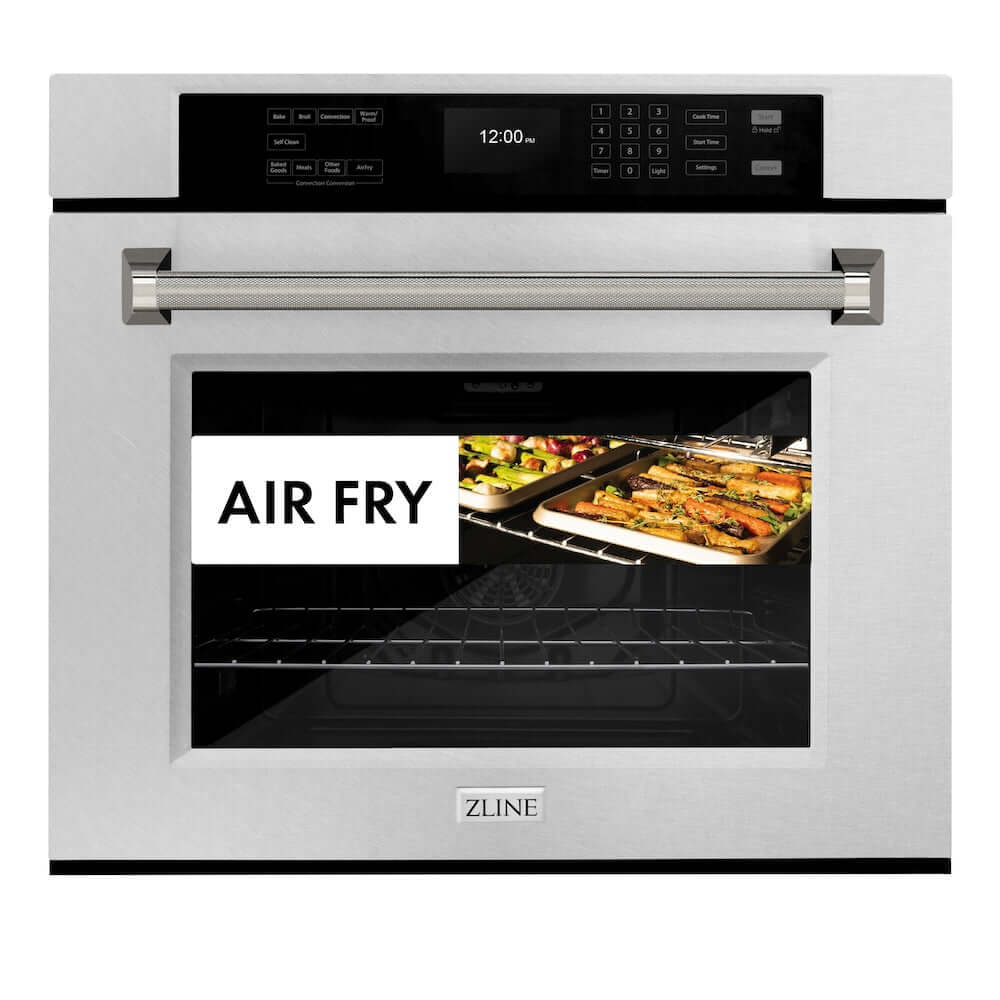 ZLINE Autograph Edition 30 in. Professional True Convection Single Wall Oven with Air Fry and Self Clean in Satin Stainless Steel with Polished Nickel Helix Handle (WASSZ-30-KPN) front, showing air fry capability.