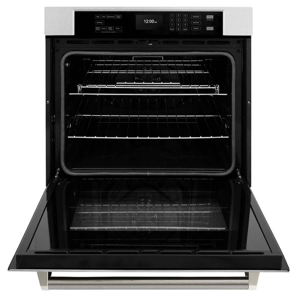 ZLINE Autograph Edition 30 in. Professional True Convection Single Wall Oven with Air Fry and Self Clean in Satin Stainless Steel with Polished Nickel Helix Handle (WASSZ-30-KPN) front, open.