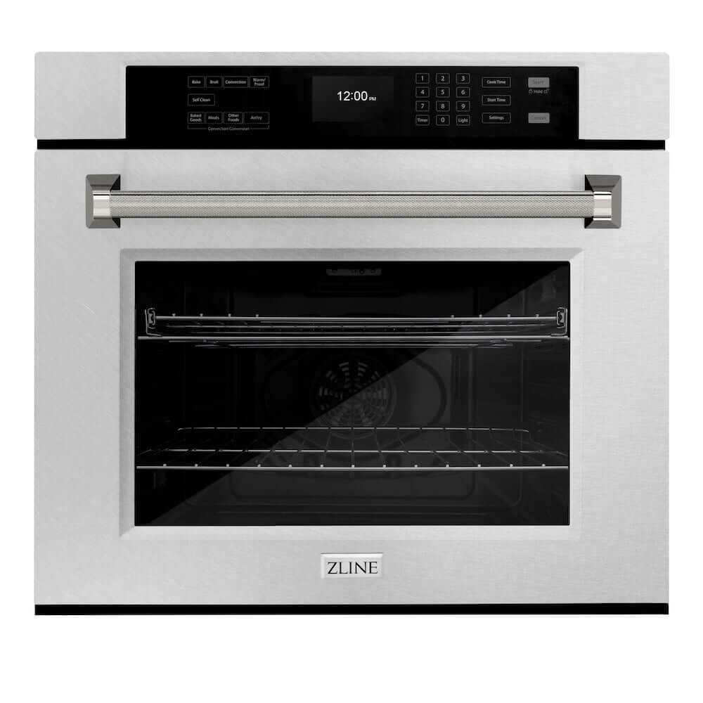 ZLINE Autograph Edition 30 in. Professional True Convection Single Wall Oven with Air Fry and Self Clean in Satin Stainless Steel with Polished Nickel Helix Handle (WASSZ-30-KPN) main image.