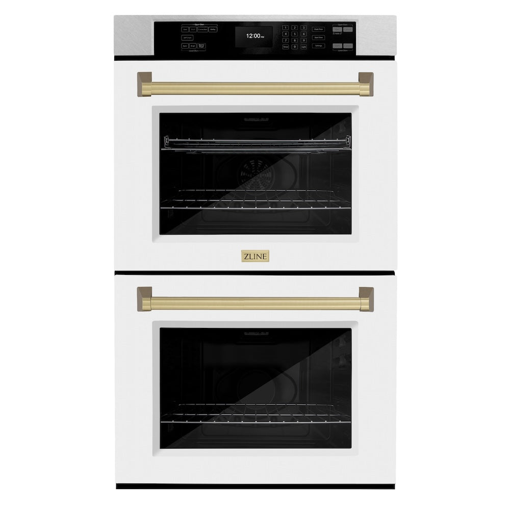 ZLINE Autograph Edition 30 in. Professional True Convection Double Wall Oven with Air Fry and Self Clean in Satin Stainless Steel with White Matte Doors and Champagne Bronze Handles (WADSZ-WM-30-CB) main image.