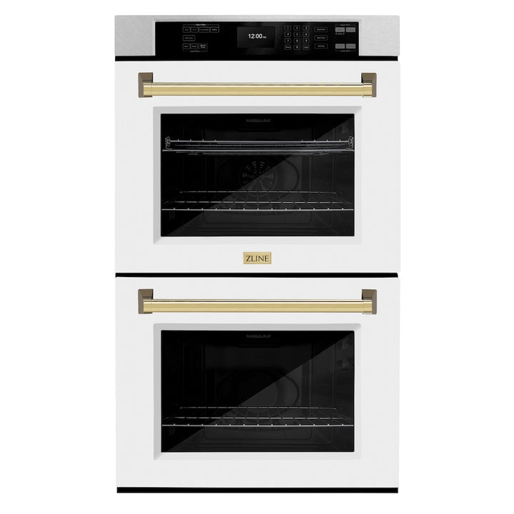ZLINE Autograph Edition 30 in. Professional True Convection Double Wall Oven with Air Fry and Self Clean in Satin Stainless Steel with White Matte Doors and Polished Gold Handles (WADSZ-WM-30-G)